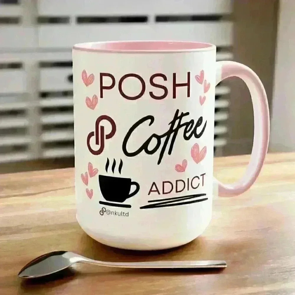 Posh Coffee Addict 15oz Ceramic Mug | Pink Handle | Cute Poshmark Lover Gift